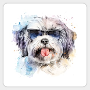 White Havanese with Sunglasses (Watercolor) Sticker